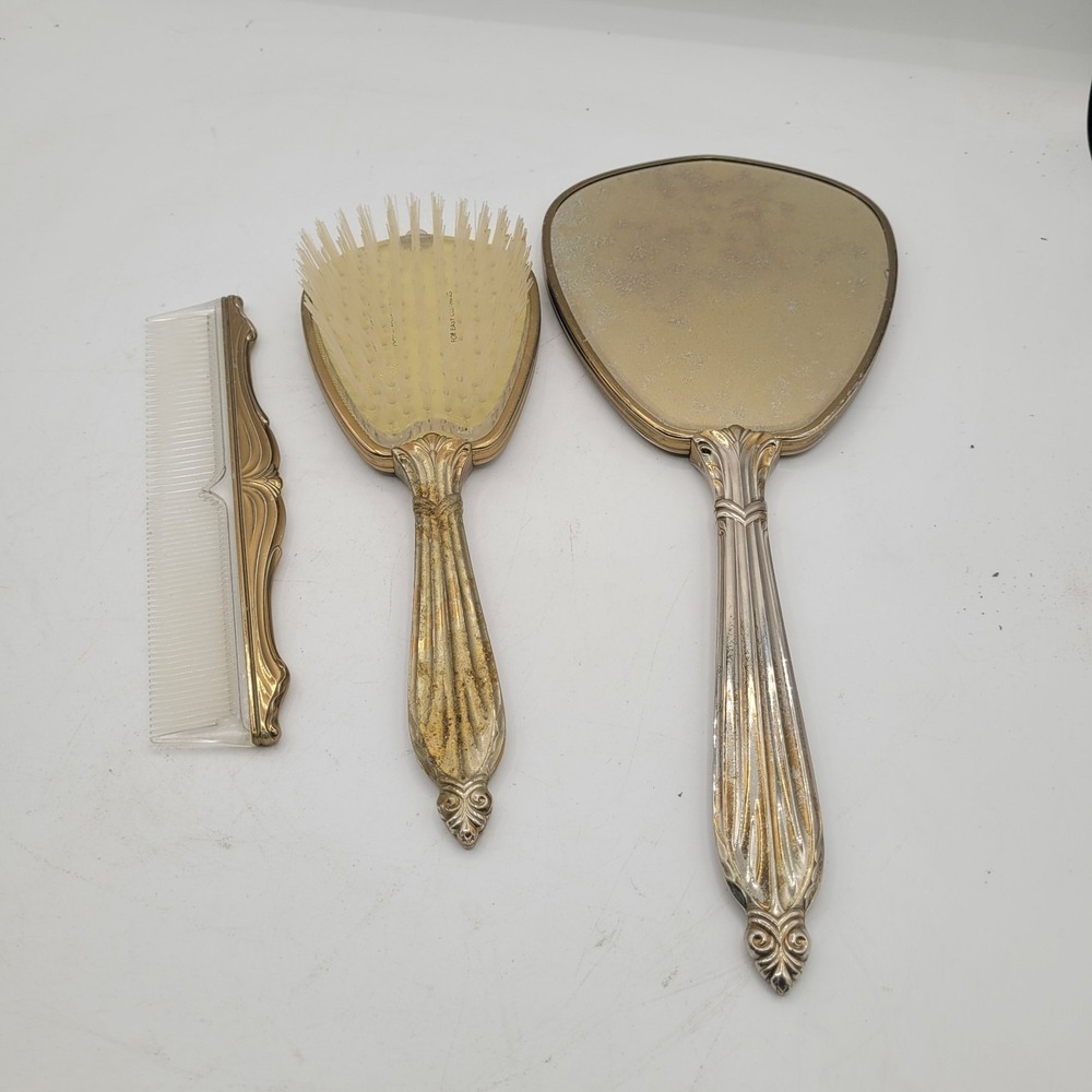Vtg Vanity Set Hand Mirror, Hair Brush‎ and Comb Gold color trim and handle.